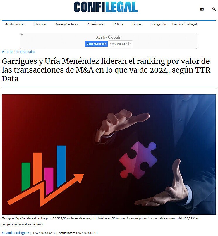 Garrigues y Ura Menndez lideran el ranking por valor de las transacciones de M&A en lo que va de 2024, segn TTR Data